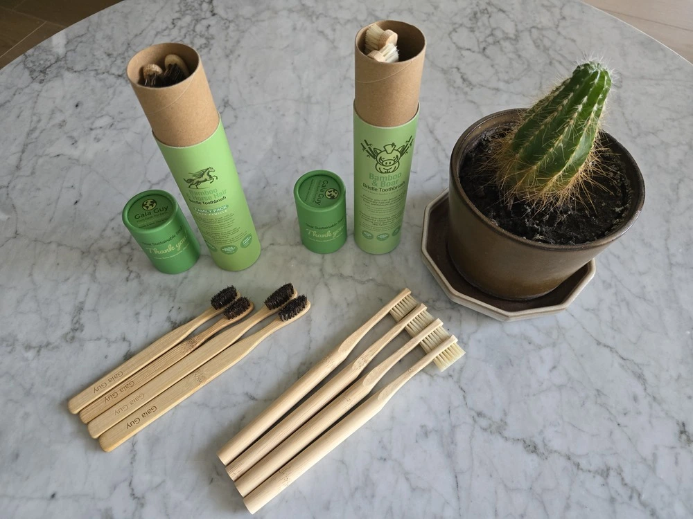 I'm Plastic Free testing Gaia Guy Microplastic-Free Toothbrushes