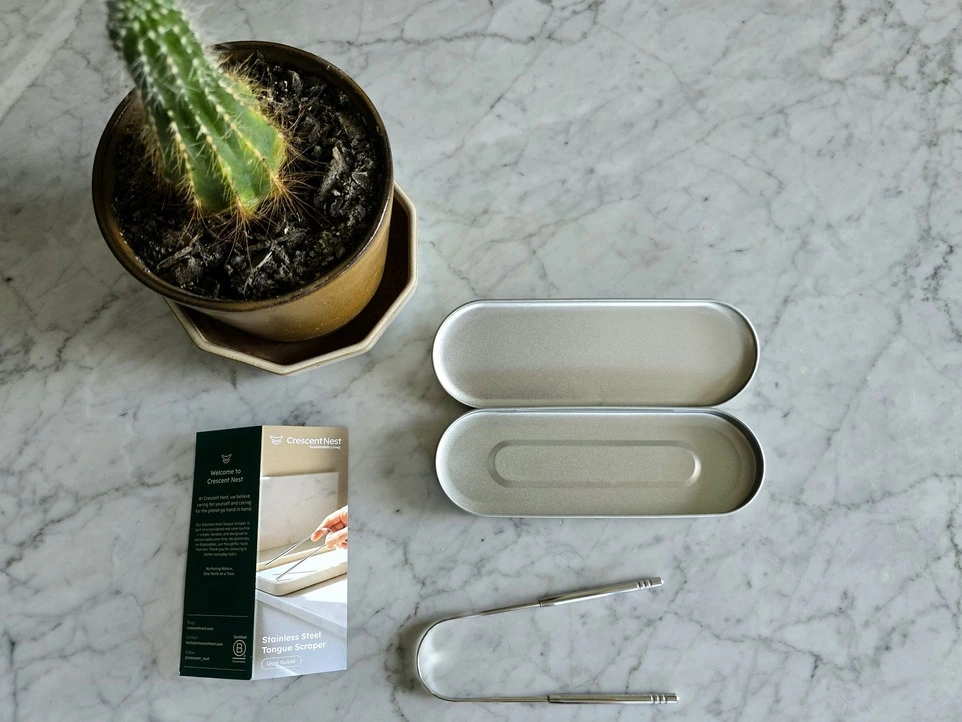 I'm Plastic free testing Crescent Nest 100% Stainless Steel Tongue Scraper