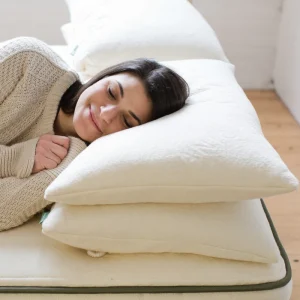 Woman on Avocado Green Pillows Organic Non-toxic Pillows